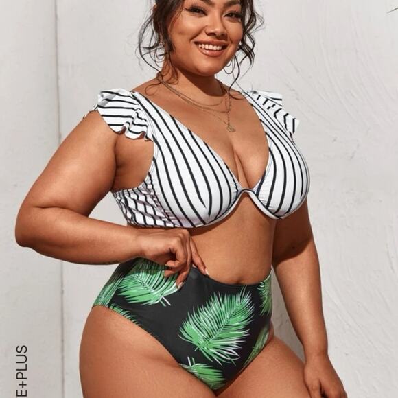 Plus Striped & Leaf Print Underwire Bikini Swimsuit - Picture 6 of 8